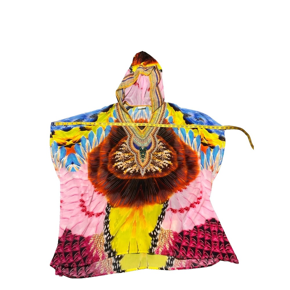 CAMILLA Beaded Hooded Silk Kaftan Tunic Top Silk Boho Luxe Vibrant Color $850 - Picture 4 of 8